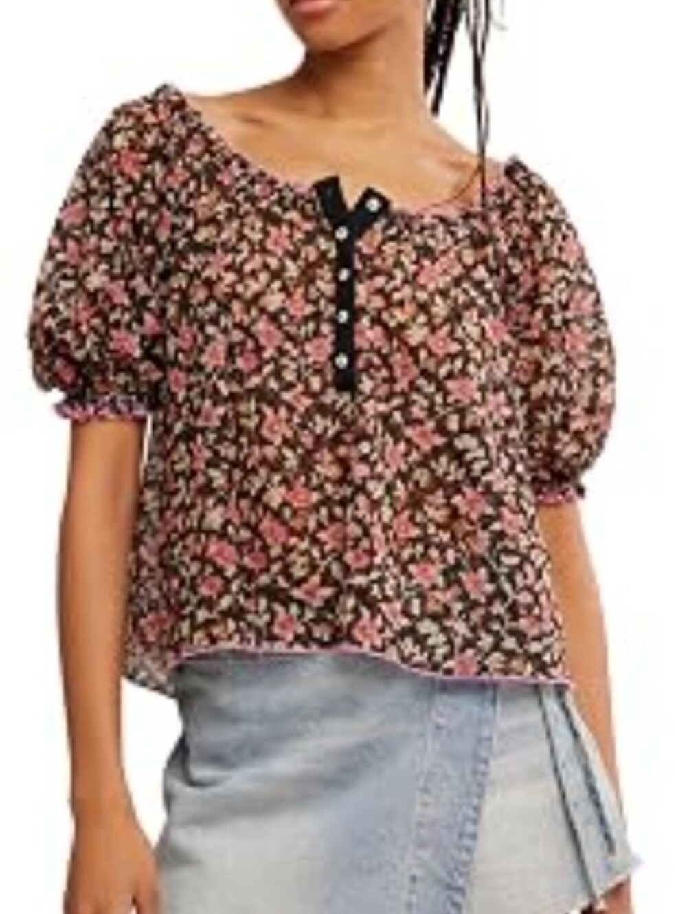 NEW Free People Peasant Top Stretch Flowy Puff Short Sleeve Fits M-L - Picture 9 of 15